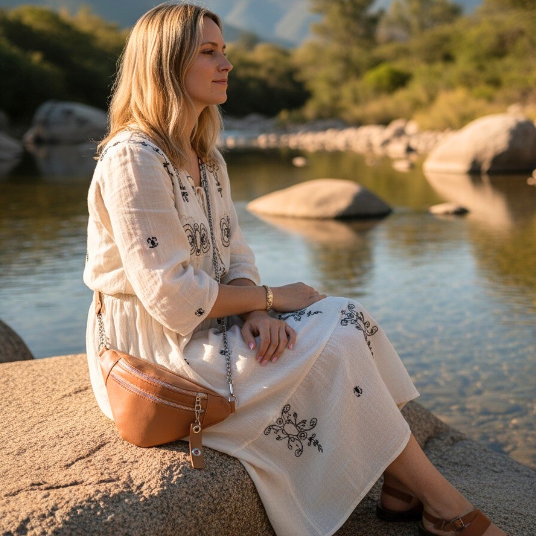 Primer plano de riñonera marrón suela